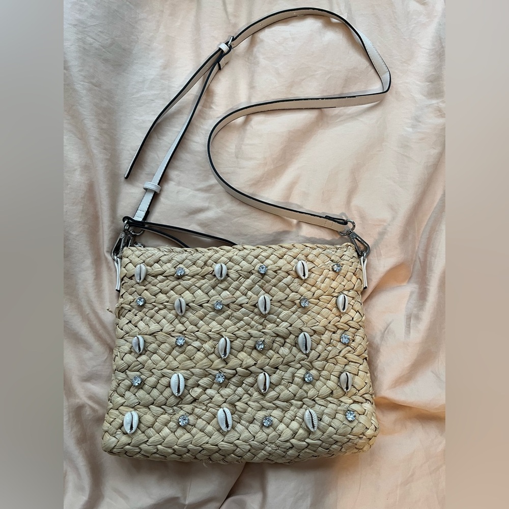 INC Beige Woven Crossbody Bag with Shell Accents